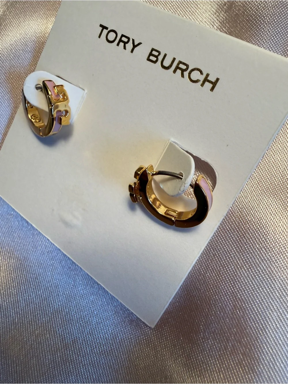 Tory Burch Gold and Light Pink Enamel Hoop Earrings